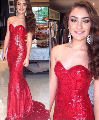 Red Sequins Mermaid Prom Dresses Sweetheart Neck Bling Simple Long Evening Gown_4