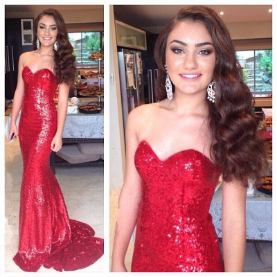 Red Sequins Mermaid Prom Dresses Sweetheart Neck Bling Simple Long Evening Gown_3