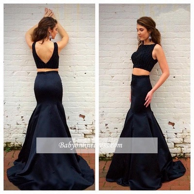 Black Two-Piece Mermaid Party Dresses 2018 Sleeveless Top Crystals Prom Dresses_1