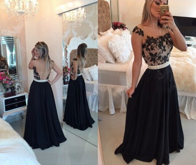 Sheer Lace Black Chiffon Prom Dresses | Open Back Modest Formal Long Evening Gowns_6