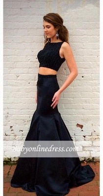 Black Two-Piece Mermaid Party Dresses 2018 Sleeveless Top Crystals Prom Dresses_3
