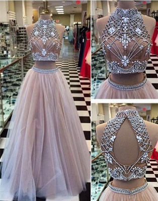 Two Piece Crystals Long Prom Dresses High Neck Tulle Junior Vintage Party Dresses_1