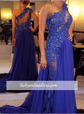 Elegant Royal Blue One-Shoulder Appliques Evening Gowns with Beadings_1