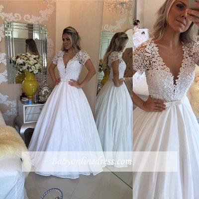 Sheer Bowknot Short-Sleeves Lace Crystal V-Neck White Prom Dress_1