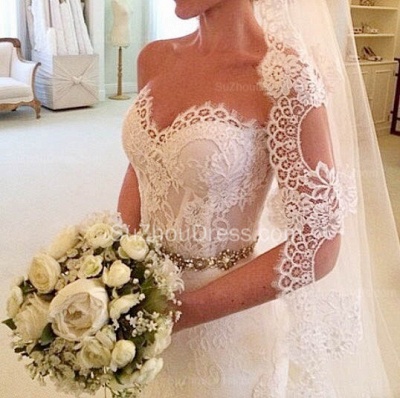 Lace Mermaid Sweetheart Wedding Dresses Crystals Beaded Belt Court Train Bridal Gowns_3