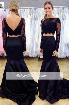 Black Two-Piece Mermaid Prom Dress 2018 Long-Sleeve Open-Back Lace Evening Gowns_1