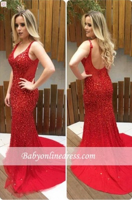 Backless Long Crystals Red V-Neck Mermaid Prom Dresses_3