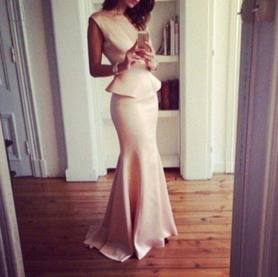 Peplum Satin Mermaid Prom Dresses Sleeveless Pink Long Simple Evening Gowns_2