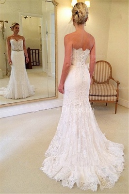 Lace Mermaid Sweetheart Wedding Dresses Crystals Beaded Belt Court Train Bridal Gowns_2