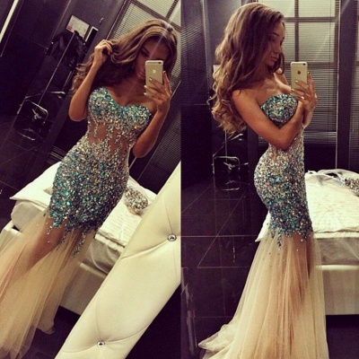 Mermaid Prom Dresses Sweetheart Crystals Sheer Tulle Long Luxury Evening Gowns_3