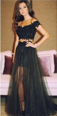 Black Lace Two Pieces Prom Dresses Off Shoulder Sheer Tulle Beaded Sexy Evening Gowns_2