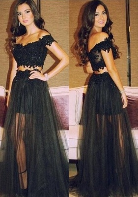 Black Lace Two Pieces Prom Dresses Off Shoulder Sheer Tulle Beaded Sexy Evening Gowns_1
