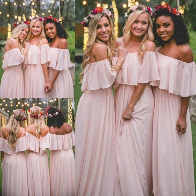 Off-the-Shoulder Chiffon Bridesmaid dress|Elegant Pink Wedding Guest Dresses_3