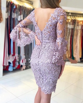 Elegant Sheath V-neck Knee-length Long Sleeve Appliques Lace Prom Dress_4