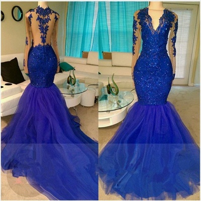 Royal Blue Prom Dresses | V-Neck Lace Beading Mermaid Vintage Evening Gowns_2