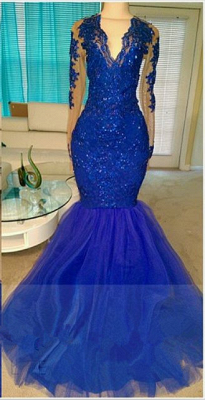 Royal Blue Prom Dresses | V-Neck Lace Beading Mermaid Vintage Evening Gowns_1