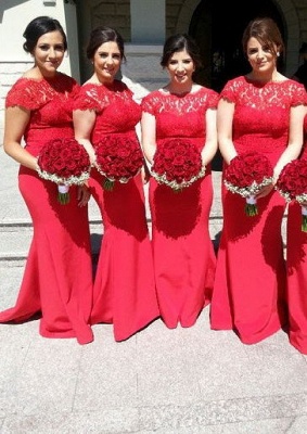 Sexy Red Lace V-Neck Mermaid Bridesmaid Dresses Sweep Train Prom Dresses with Buttons_2