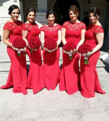 Sexy Red Lace V-Neck Mermaid Bridesmaid Dresses Sweep Train Prom Dresses with Buttons_3